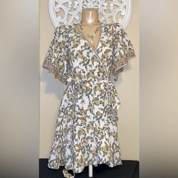 Max studio women’s large 12 14 dress wrap mini white yellow green floral pattern - Picture 2 of 10